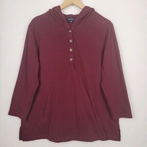 Lands' End Henley Hoodie Tunic Womens 14/16 Maroon Stretch Pockets Casual Cozy